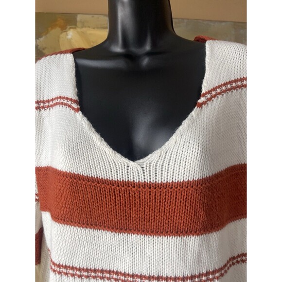 SHEIN Drop Shoulder Sweater Vneck Rust & White Striped Small - Picture 2 of 14
